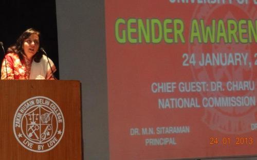 Dr. Charu WaliKhanna, Member NCW was Chief Guest at GENDER AWARENESS CAMP held at Zakir Husain Post graduate Evening College, University of Delhi