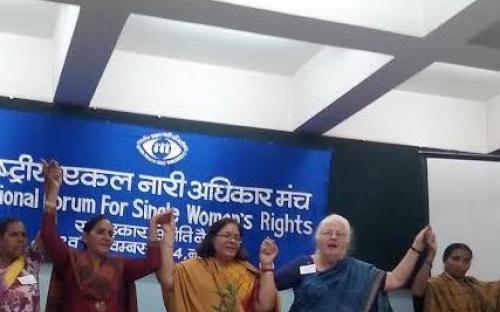 Smt. Lalitha Kumaramangalam, Hon’ble Chairperson, NCW with Single Women Rights pioneer Smt. Ginny Srivastava (right) and Ms. Nirmal Chandel (left) along with single women's collective leaders