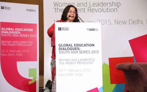 Smt. Lalitha Kumaramangalam, Hon’ble Chairperson, NCW addressing the gathering during Global Education Dialogue