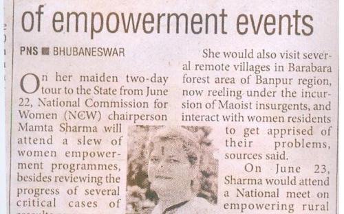 NCW Chairperson Mamta Sharma undertook a two day visit of Odisha on 22nd June 2013